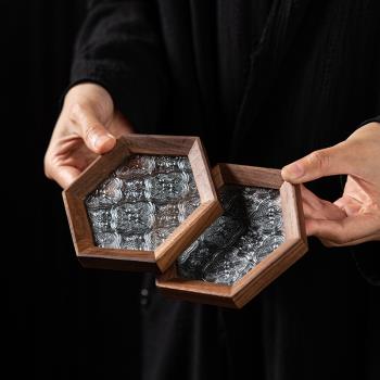草木祠 中式復古玻璃杯墊 胡桃木方形隔熱墊海棠花杯託茶點盤碟