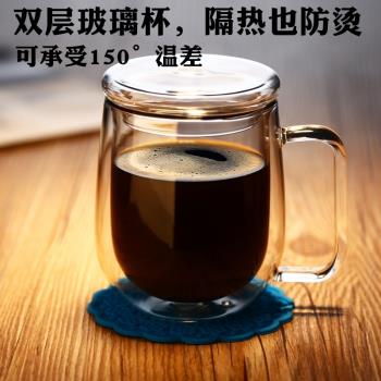 明尚德雙層玻璃杯家用高硼硅耐熱防爆水杯辦公室帶蓋帶勺咖啡杯