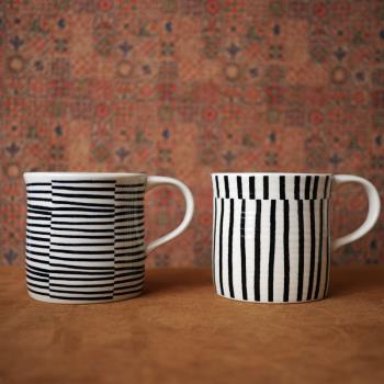 W1962法國黑白條紋釉下彩陶瓷時髦馬克杯/直筒咖啡杯水杯簡約杯子