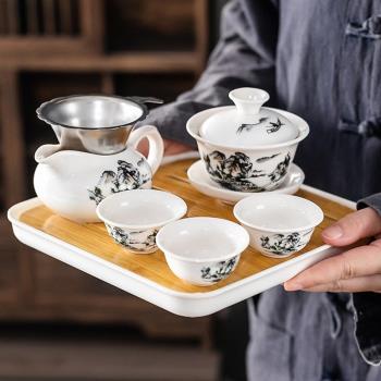 家用功夫茶具套裝一蓋碗三杯簡約泡茶會客陶瓷喝茶茶杯干泡茶盤