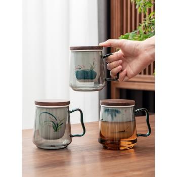 玻璃茶杯個人專用手繪陶瓷內膽過濾大容量辦公室泡茶杯茶水分離杯