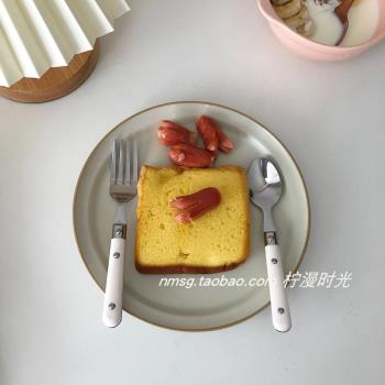 韓國ins同款奶油白不銹鋼甜品勺水果叉蛋糕叉湯勺咖啡勺奶酪勺