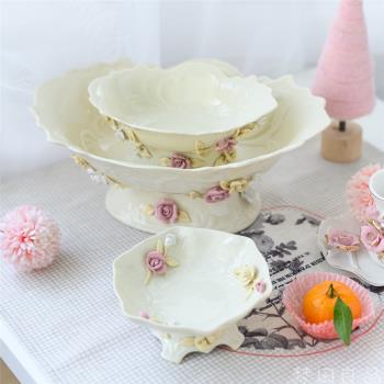 【夢田良品】出口歐式立體花朵奶油色陶瓷高腳託盤/果盆/宴會擺件
