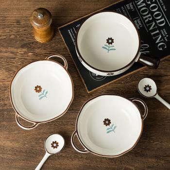 日式陶瓷釉下彩手繪手柄碗小花勺子兩件套雙耳碗甜品碗加勺子套裝