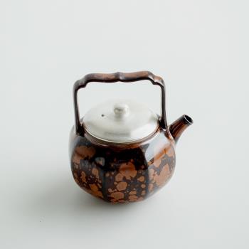 窯變栗棕描銀蘇子八方提梁壺陶瓷單壺茶壺帶過濾泡茶沖茶器
