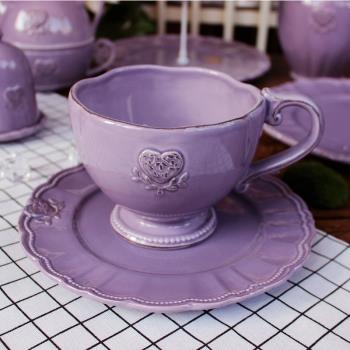 出口陶瓷歐式復古做舊浮雕杯子大湯杯麥片杯水杯紫色餐具套裝