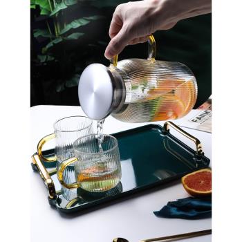 家用條紋玻璃杯子帶把手托盤客廳喝水杯水壺套裝耐熱待客茶杯茶壺