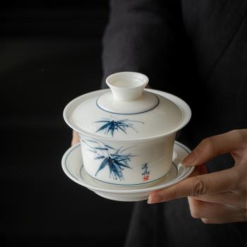 德化白瓷手繪茶具蓋碗茶杯大號三才碗泡茶器單個茶盞敬茶碗泡茶杯