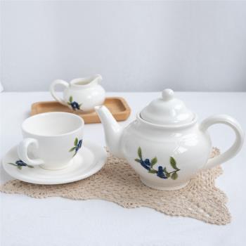 【夢田良品】日式簡約手繪浮雕藍莓下午茶陶瓷咖啡杯碟茶壺套裝