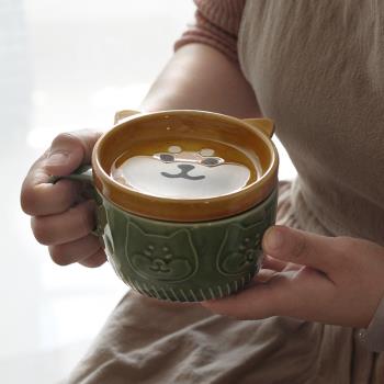 ins柴犬熊貓帶蓋馬克杯家用水杯咖啡杯早餐酸奶牛奶燕麥杯寢室杯