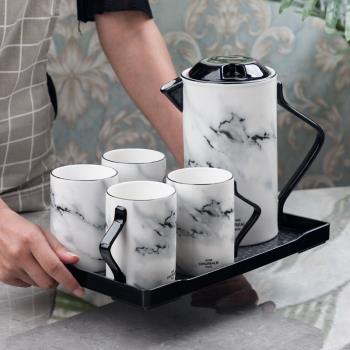 大理石紋客廳水杯涼水壺簡約北歐茶具套家用茶壺耐用高溫可裝開水