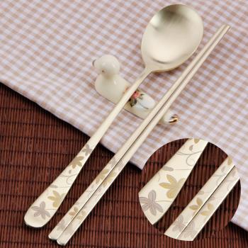 韓國不銹鋼筷子勺子套裝ins風金色長柄勺韓式扁筷子家用情侶餐具