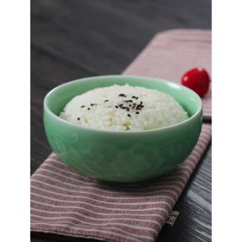 龍泉青瓷米飯碗陶瓷家用小碗高檔吃飯碗浮雕牡丹微波爐餐具中日式