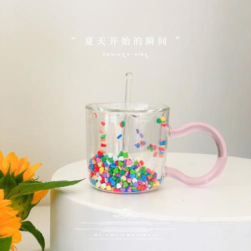 ins網紅流動愛心玻璃杯雙層流沙杯啵啵杯可愛少女心水杯禮物杯子