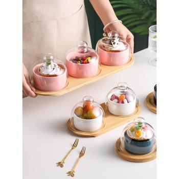 創意餐具陶瓷燕窩甜品帶玻璃蓋碗小吃碟下午茶點心盤水果盤乾果盤