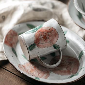 器昔手繪釉下彩花卉日式圓形陶瓷餐盤子復古早餐盤家用馬克杯水杯