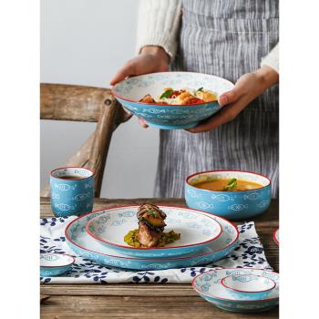 ezicok釉下彩餐具盤子情侶盤家用圓形盤飯碗日式沙拉碗碗碟套裝
