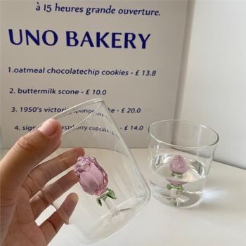 ins風高級感玻璃水杯精致仙女杯子立體玫瑰小眾玻璃杯家用牛奶杯