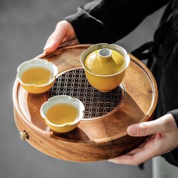 胡桃實木簡約小型茶盤家用簡易茶臺一人儲水茶海茶具托盤日式干泡