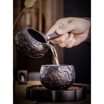 紫陶主人杯茶杯純手工深堆雕陶瓷品茗杯茶具茶碗紫砂大號單杯茶盞