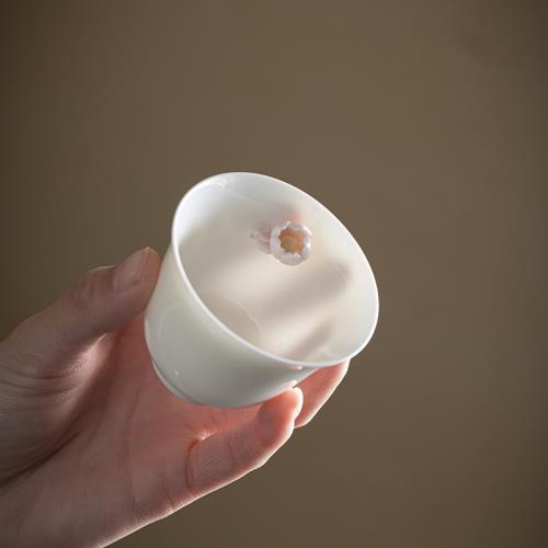 粉色捏花茶杯主人杯單杯帶杯墊夫人杯品茗杯手工羊脂玉瓷茶碗茶盞