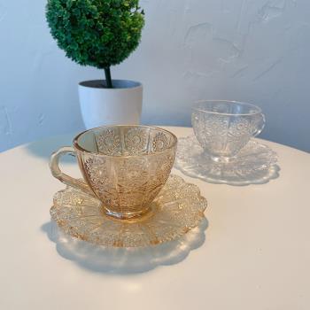 北歐ins網紅復古浮雕玻璃杯咖啡杯碟套裝家用精致下午茶杯拿鐵杯