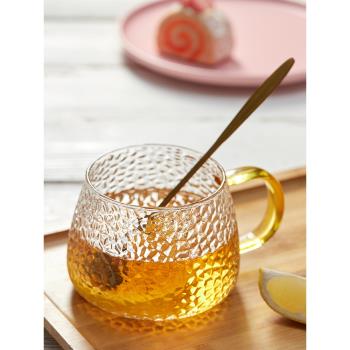 日式錘紋帶把玻璃杯水杯耐高溫茶杯透明花茶杯大容量家用簡約杯子