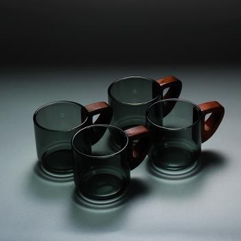 帶把手玻璃小茶杯功夫茶具茶道黑灰辦公室會客品茗杯防燙木柄杯子