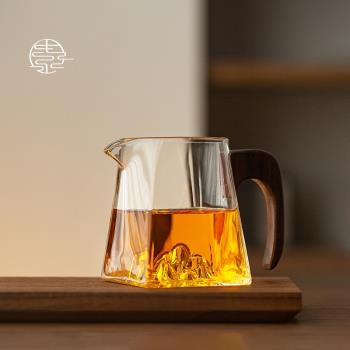 四方觀山公杯山脈玻璃公道杯大號木把日式創意茶具透明茶海分茶器