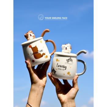 卡通立體可愛小貓馬克杯帶蓋勺高顏值陶瓷杯子女設計感水杯咖啡杯