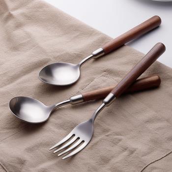 創意西餐牛排刀叉勺子304不銹鋼木柄餐具湯勺湯匙甜品圓勺小調羹