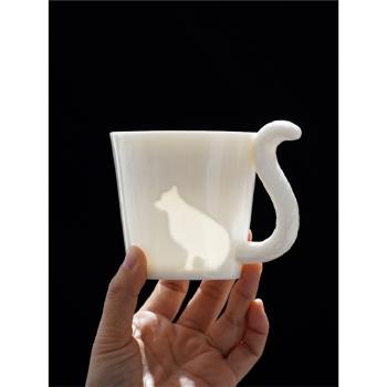 德化白瓷貓咖啡杯羊脂玉瓷水杯馬克杯個性創意透光貓咪可愛喝水杯