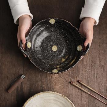 日本進口美濃燒和藍粗陶菜盤湯盤手作復古風橢圓餐盤雙耳咖喱飯盤