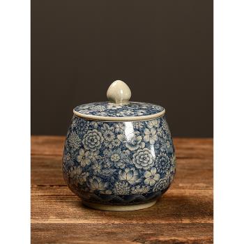 汝窯青花陶瓷家用小型中式茶葉密封罐儲存罐茶葉罐可養復古存茶罐