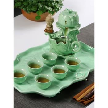 家用青瓷蓮花石磨半自動茶具套裝中式創意懶人泡茶器簡約單層茶盤