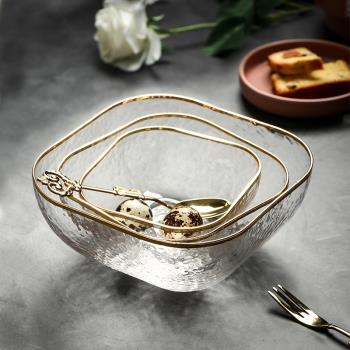 愛兒杉 北歐四方形錘目紋水果碗透明玻璃碗沙拉碗小號燕窩甜品碗