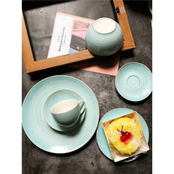 外貿單馬卡龍藍美式手繪釉下彩牛排盤正餐早餐盤咖啡杯套谷物碗
