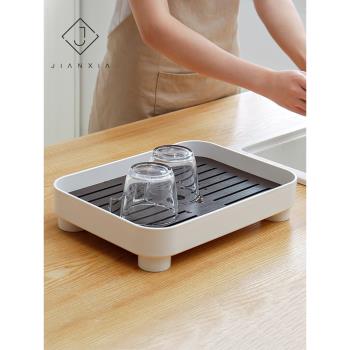 家用簡約小茶盤放茶杯托盤日式長方形儲水塑料杯架廚房雙層瀝水盤