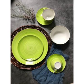 外貿陶瓷馬卡龍色原單手繪釉下彩美式牛排盤餐盤平盤咖啡杯碟碗