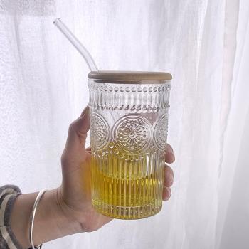 玻璃杯女夏季浮雕玻璃吸管喝水杯子咖啡牛奶杯帶蓋高顏值家用