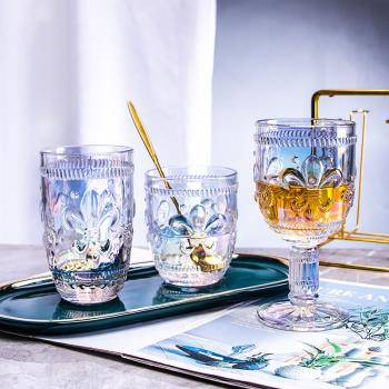 歐式鳶尾花浮雕玻璃杯琥珀炫彩耐熱玻璃口杯家用加厚款水杯早餐杯
