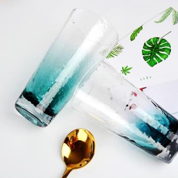 北歐愛琴海漸變藍色錘目紋透明玻璃杯家用喝水熱水杯子套裝牛奶杯