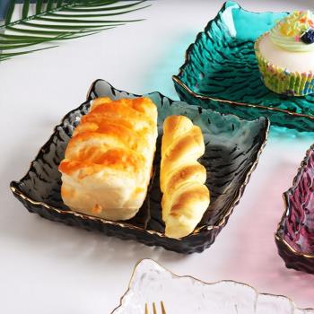 日式創意金邊彩色四方冰露玻璃餐盤北歐ins水果盤子零食盤沙拉碗