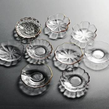 日式錘紋杯托耐熱玻璃茶杯墊 隔熱手工水晶透明茶墊茶具配件勺托