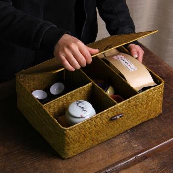 竹編茶具盒子草編茶具收納盒家用 防塵便攜放茶具的盒子竹制旅行