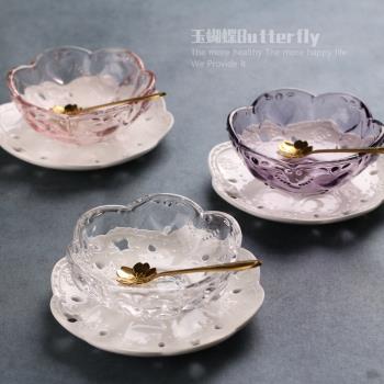 玉蝴蝶 日式櫻花玻璃碗 家用小清新甜品碗雪糕碗沙拉碗 配碟配勺