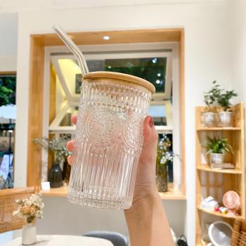 玻璃杯女夏季浮雕牛奶杯玻璃吸管喝水杯子咖啡高顏值帶蓋家用復古
