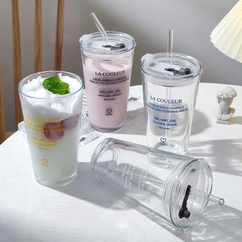 法式簡約水杯女韓版ins字母玻璃吸管杯耐熱高顏值帶蓋牛奶咖啡杯