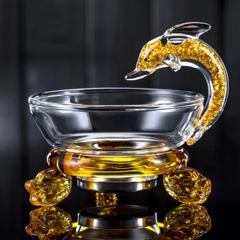 金箔海豚茶漏高硼硅玻璃金箔把公杯側把茶壺茶濾過濾水晶濾茶茶具