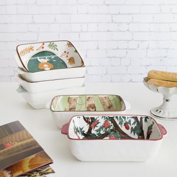 日式家用陶瓷卡通長方形大碼雙耳焗烤盤微波爐烤箱用焗飯盤子餐具